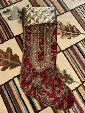 Embroidered Burgundy & Gold Vintage Holiday Stocking